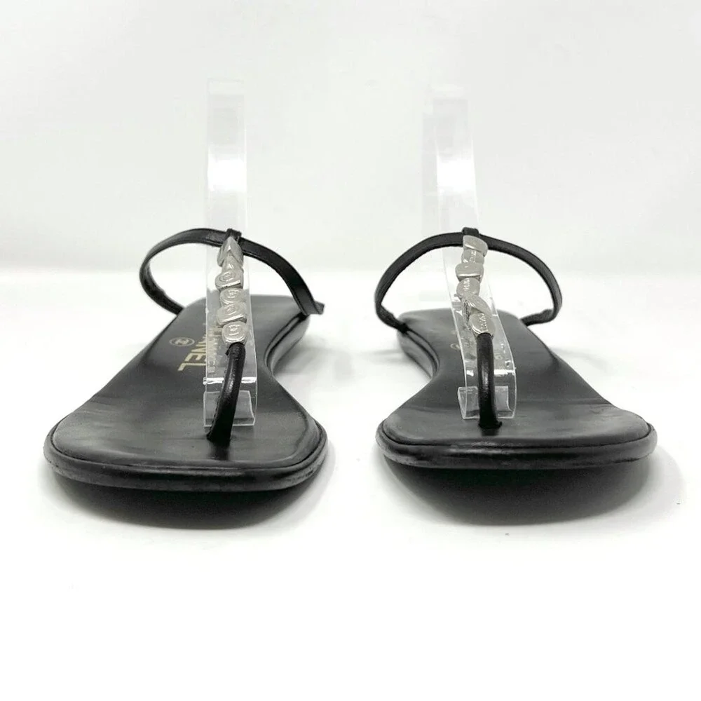 Chanel Black Leather CC Logo‎ Flat Thong Sandals 36.5 Vintage